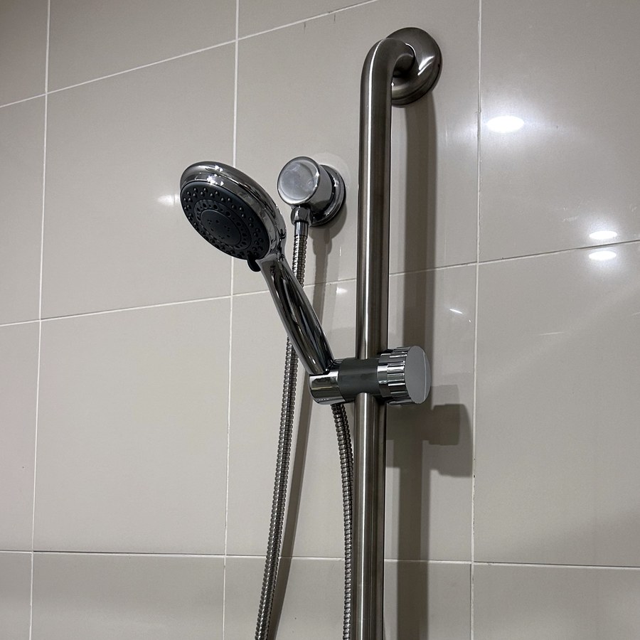 Vertical stainless steel grab rail mounted beside a shower entry