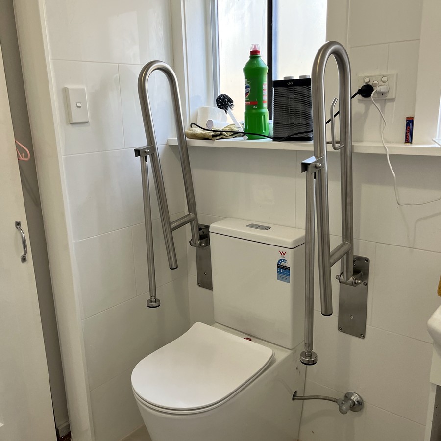 Vertical and angled grab rails beside a toilet