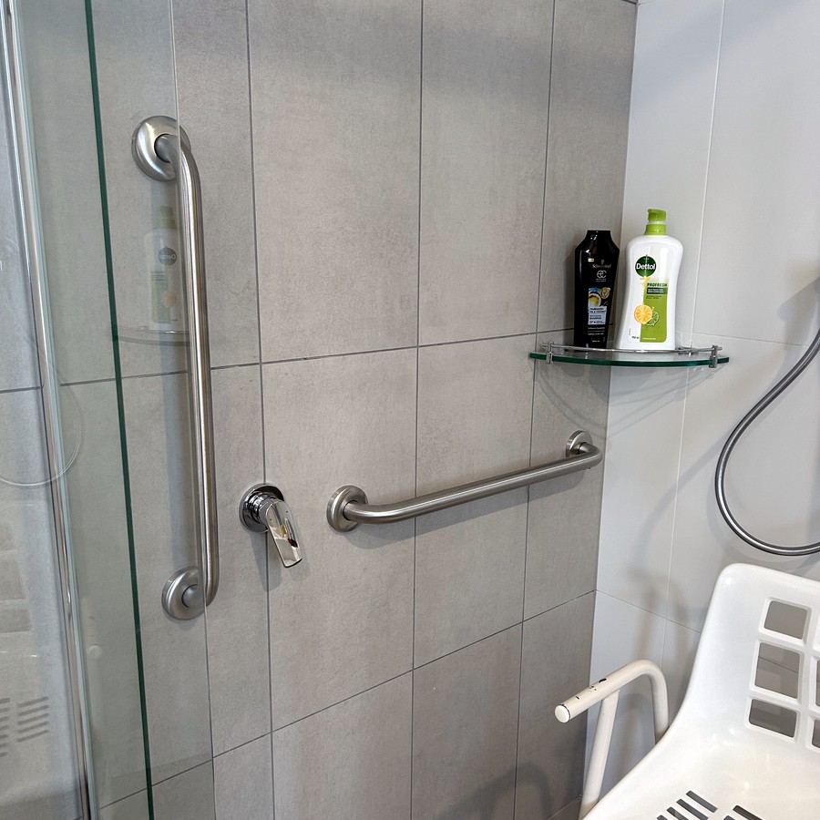 Angled grab rail and hand-held shower